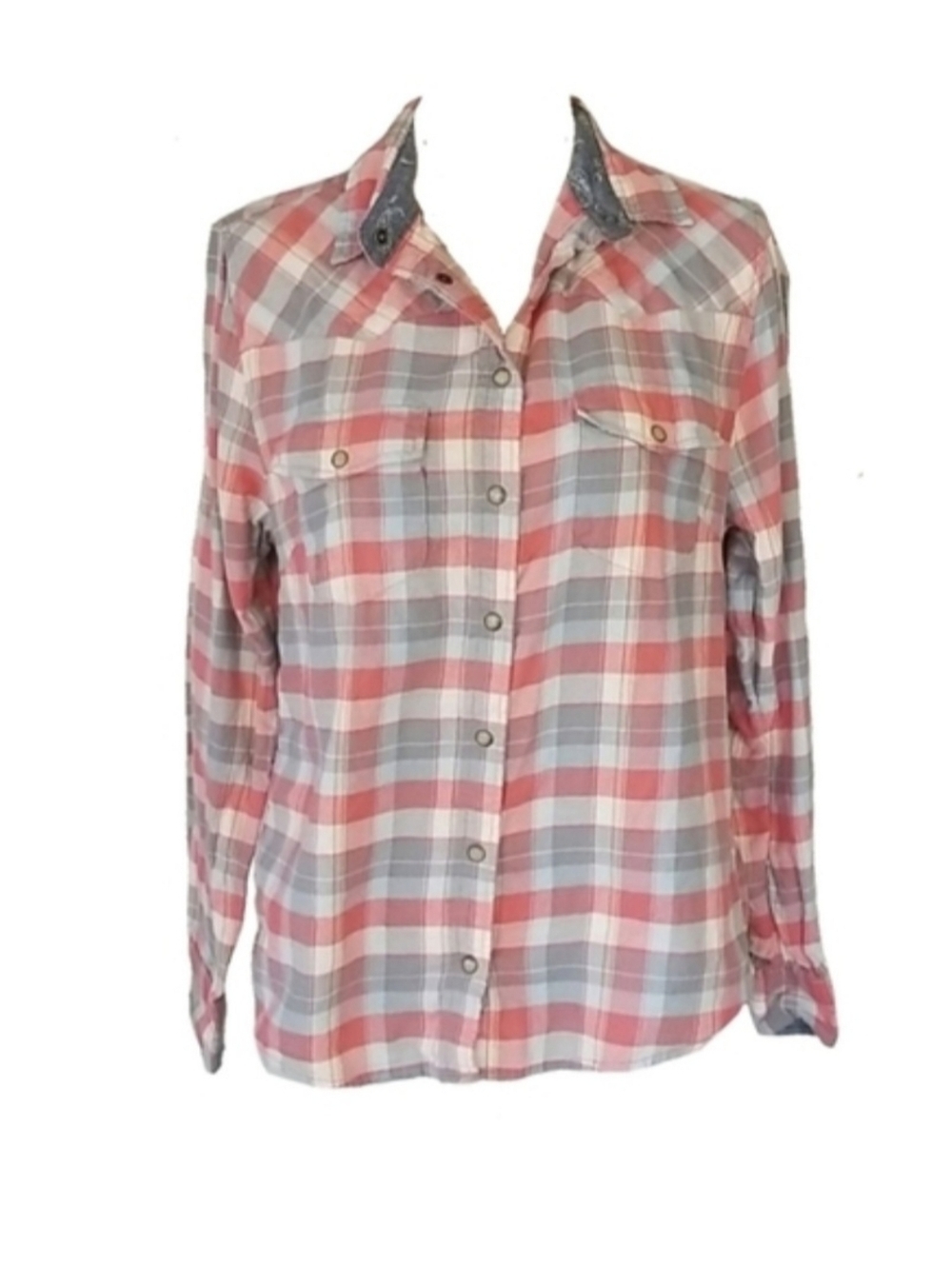 Western Boyfriend Retro Plaid Casual Button Down Shirt in Soft Pink & Blue,  M